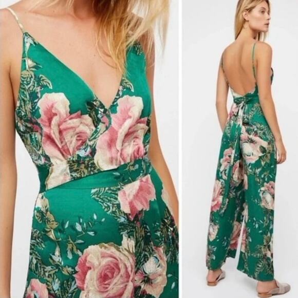 Free People Satin Cabbage Rose Wide Leg Jumpsuit - Picture 1 of 7